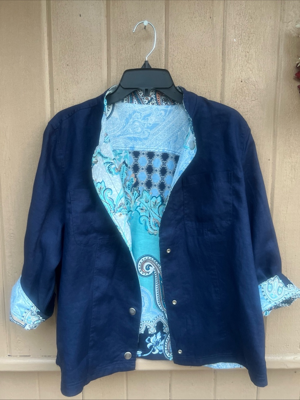 Chicos 100% Linen Patchwork Mixed Paisley Print Jacket Size 2, L/XL Artsy Boho - Picture 8 of 11